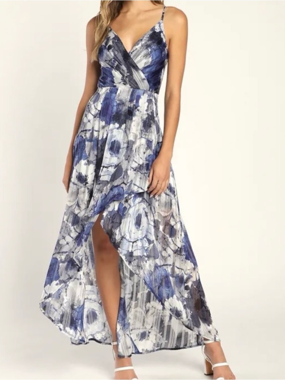 Lulu's Blue & White Floral High-Low Wrap Maxi Dress
